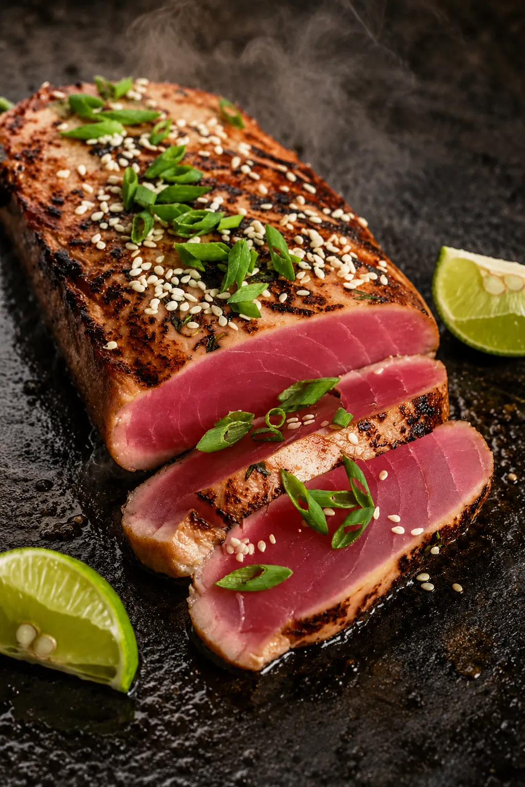 Seared ahi tuna with sesame crust sliced into medallions on a Blackstone griddle