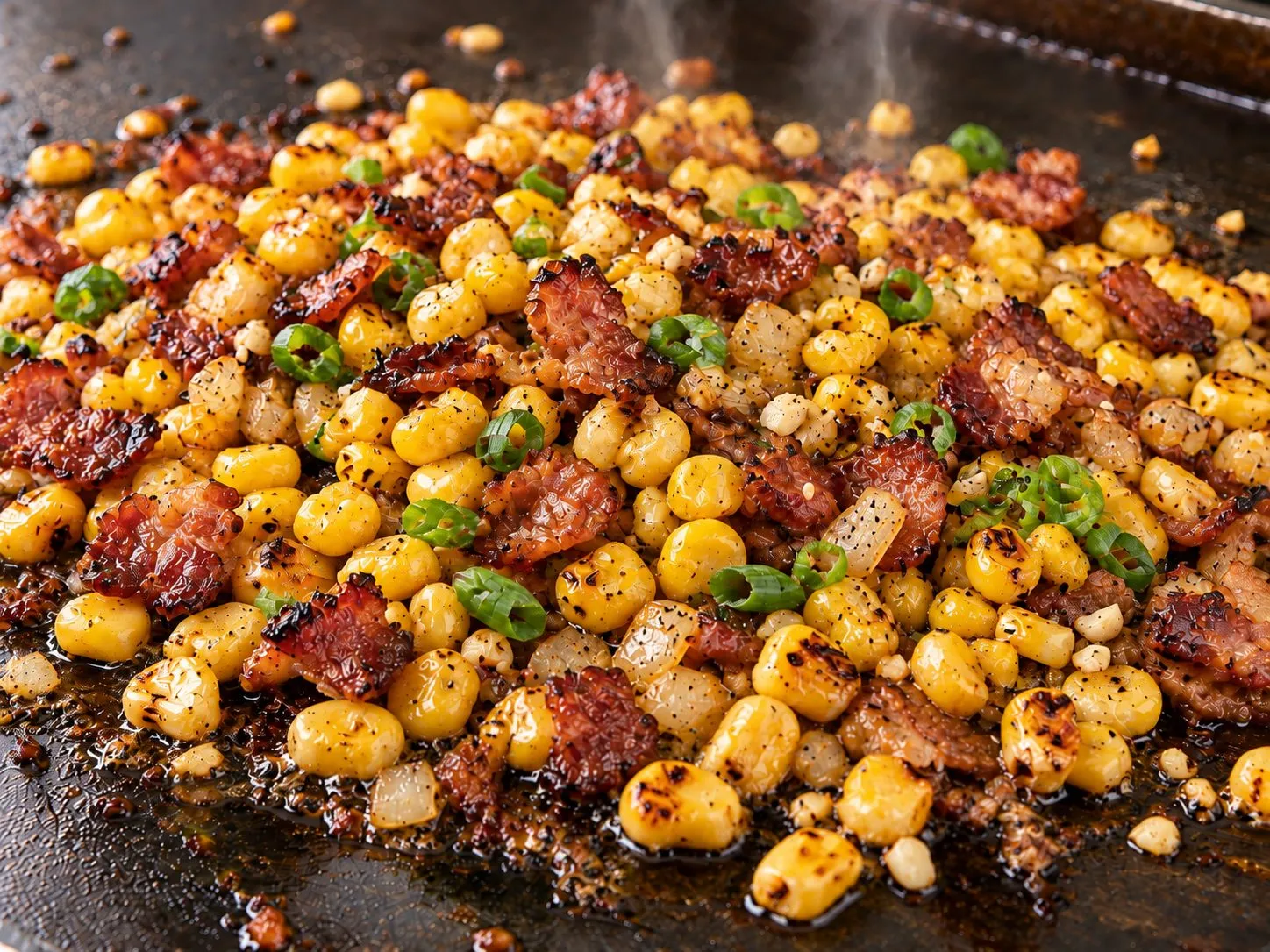 Charred corn kernels tossed with crispy bacon on a Blackstone griddle