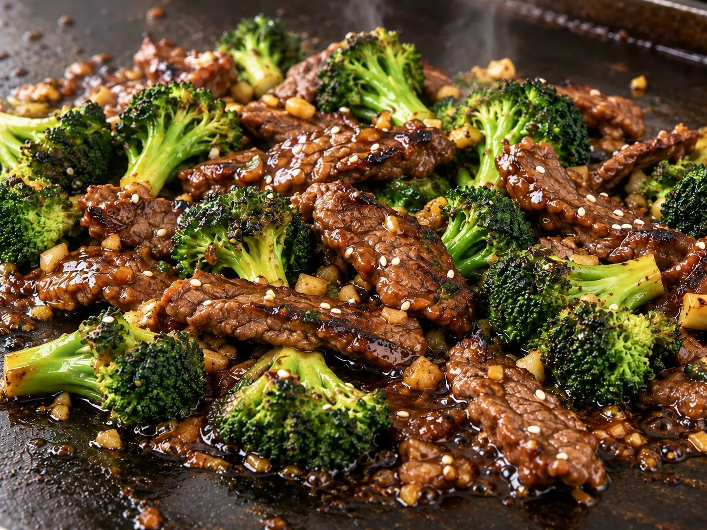 Sliced beef and charred broccoli tossed in glossy brown sauce on a Blackstone griddle