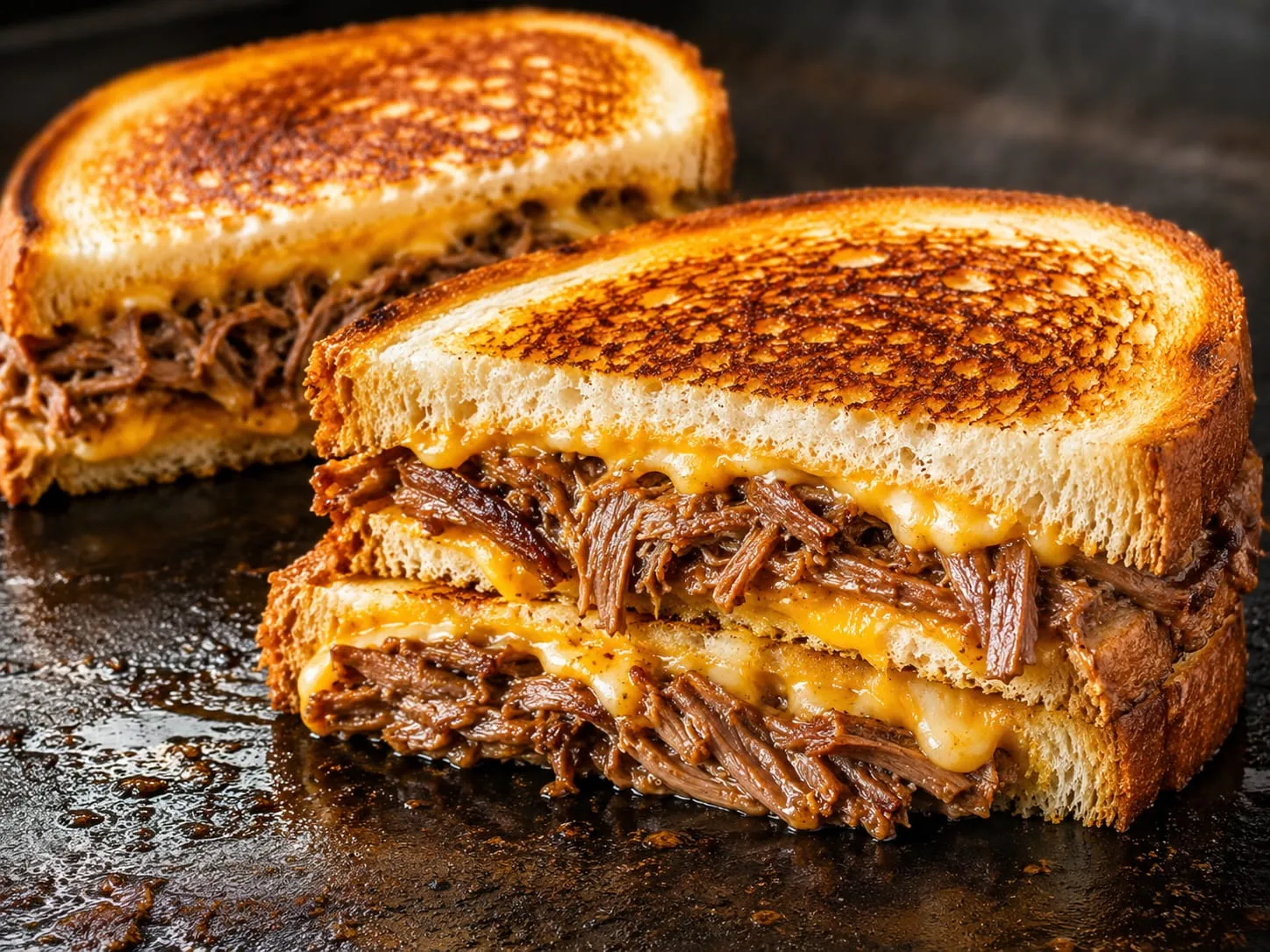 Birria grilled cheese sandwich sliced in half showing melted cheese and shredded beef on a Blackstone griddle