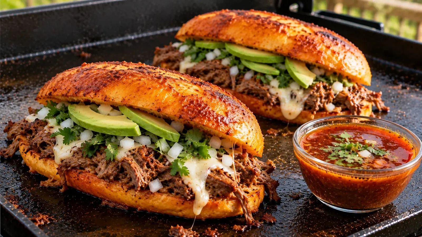 Two birria tortas on a Blackstone griddle, bolillo rolls crisped red and stuffed with shredded beef, melted Oaxaca cheese, onion, cilantro, and avocado, with a cup of consomé