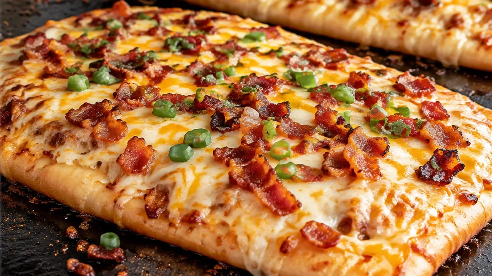 Cheesy bacon flatbread with melted cheese, crumbled bacon, and sliced green onion on a Blackstone griddle