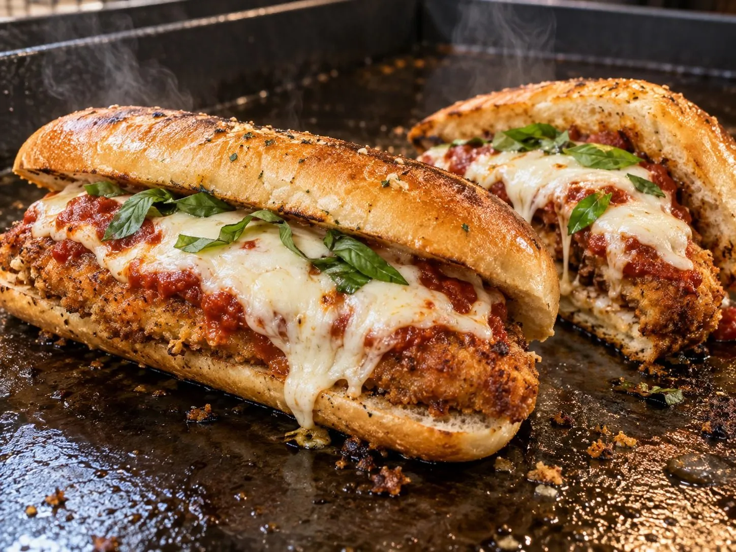 Breaded chicken cutlet sandwich with marinara, melted mozzarella, and basil on a toasted hoagie roll