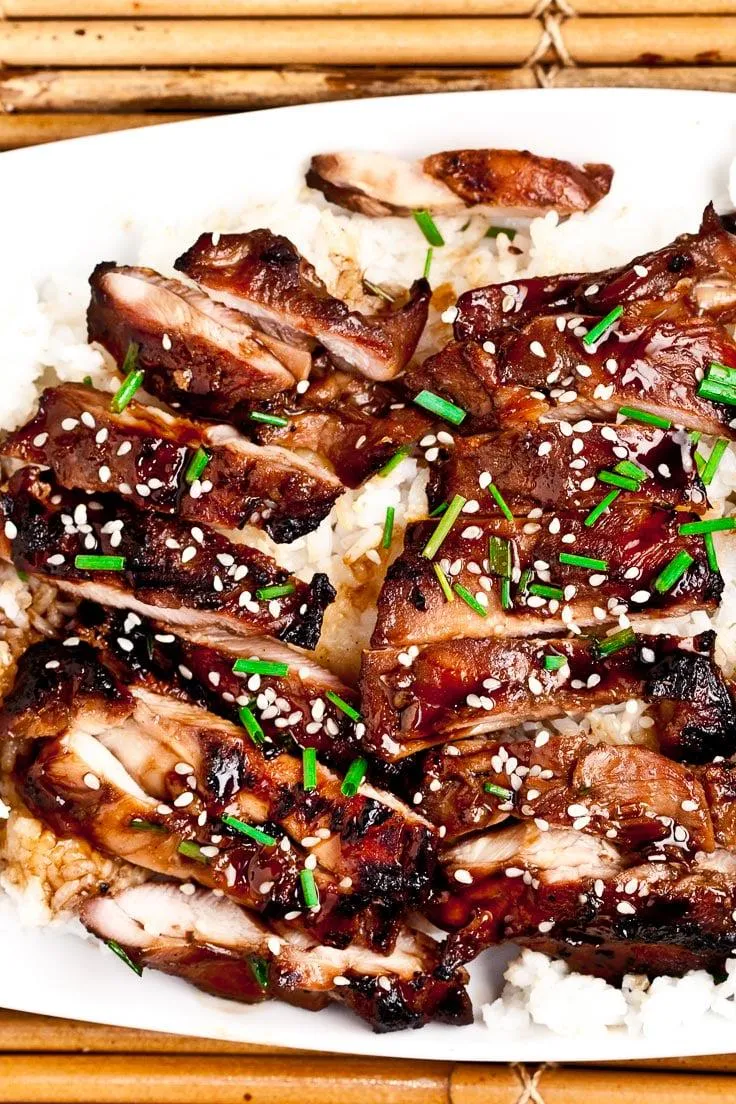 Blackstone teriyaki chicken with caramelized glaze over rice
