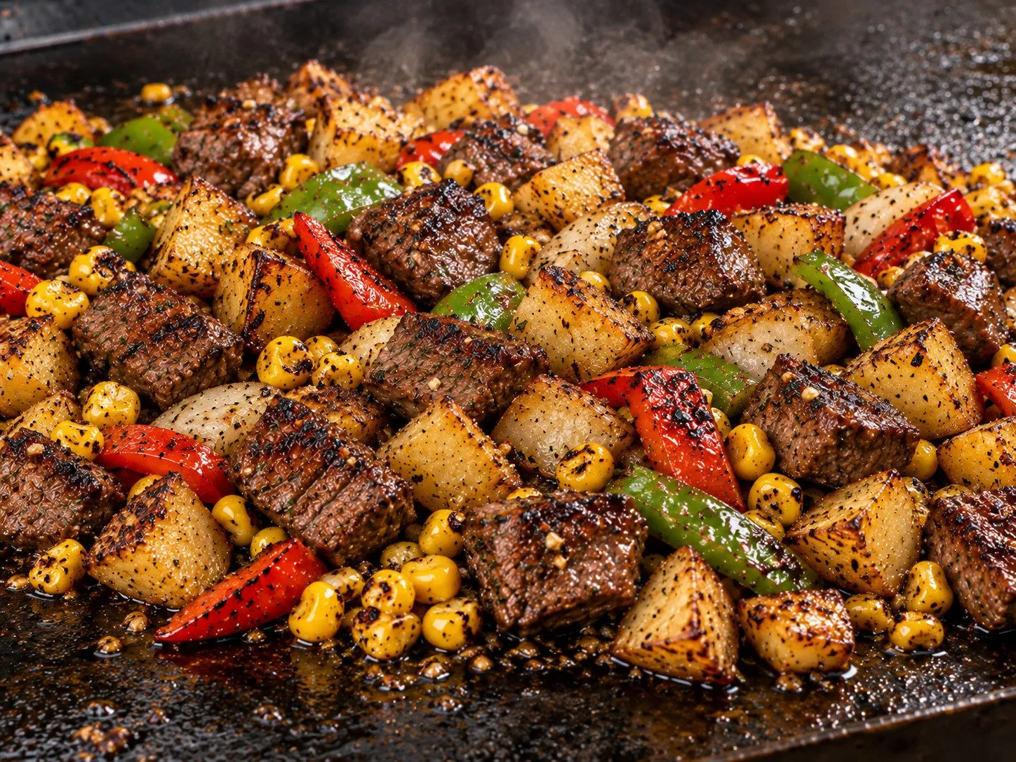 Seared steak cubes, potatoes, corn, and peppers cooking together on a Blackstone griddle