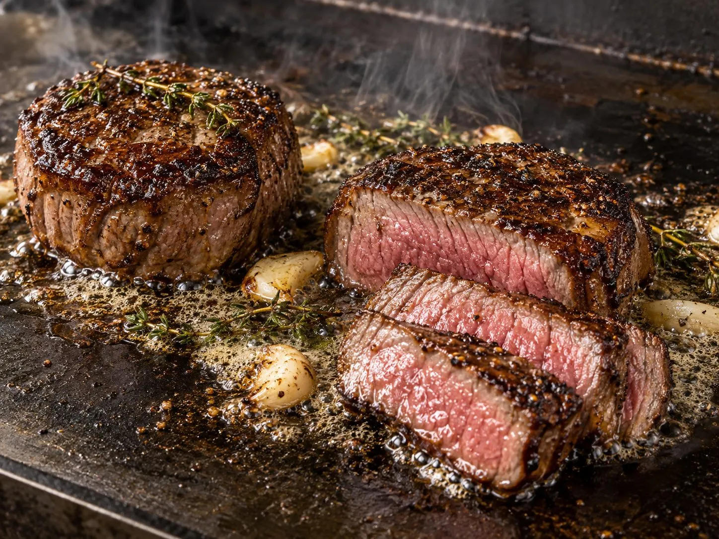 Butter-basted filet mignon with a seared crust, sliced to show a rosy medium-rare center, on a Blackstone griddle