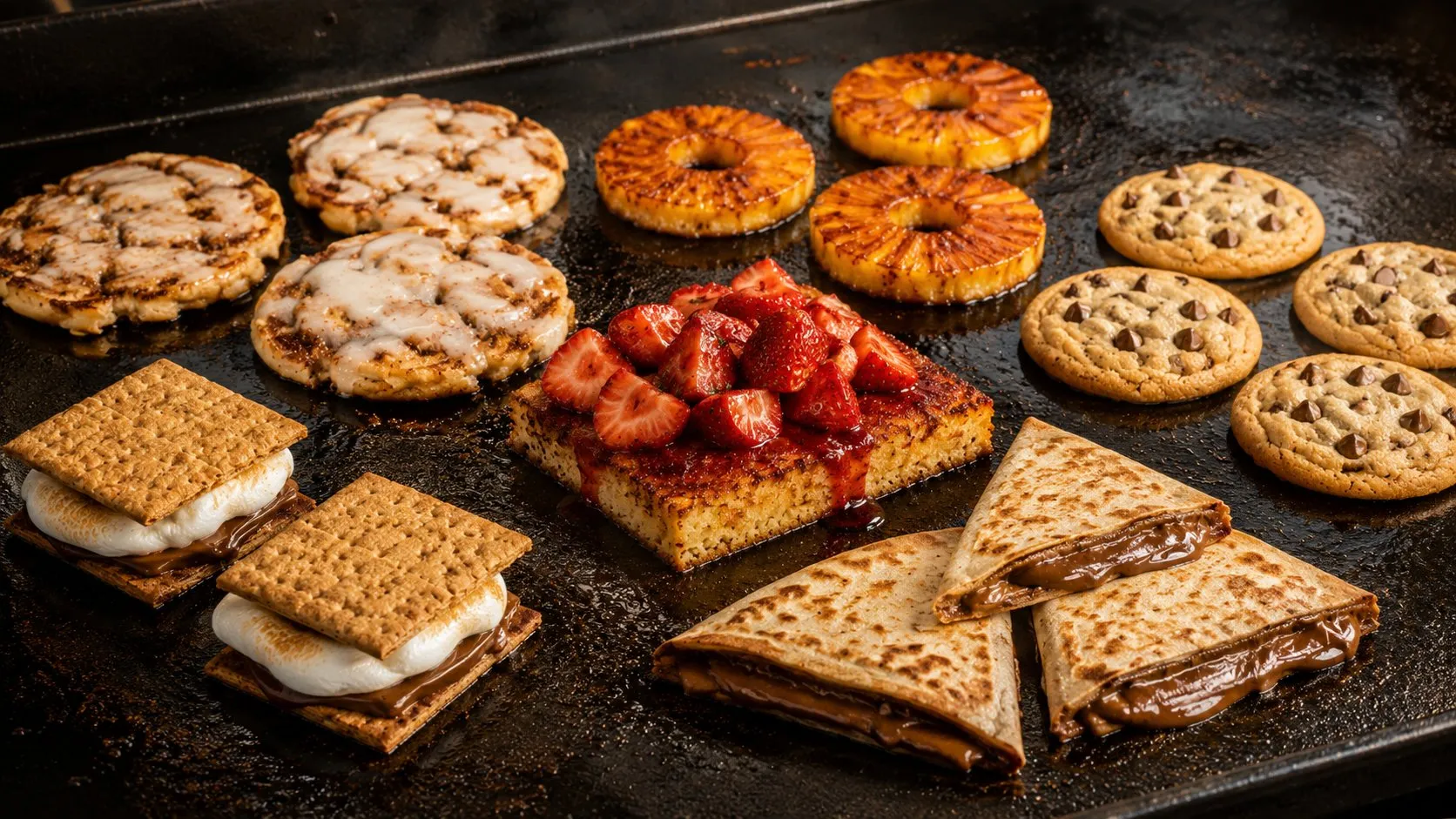 Smashed cinnamon rolls, grilled pineapple, s'mores, cookies, pound cake, and dessert quesadillas cooking together on a Blackstone griddle