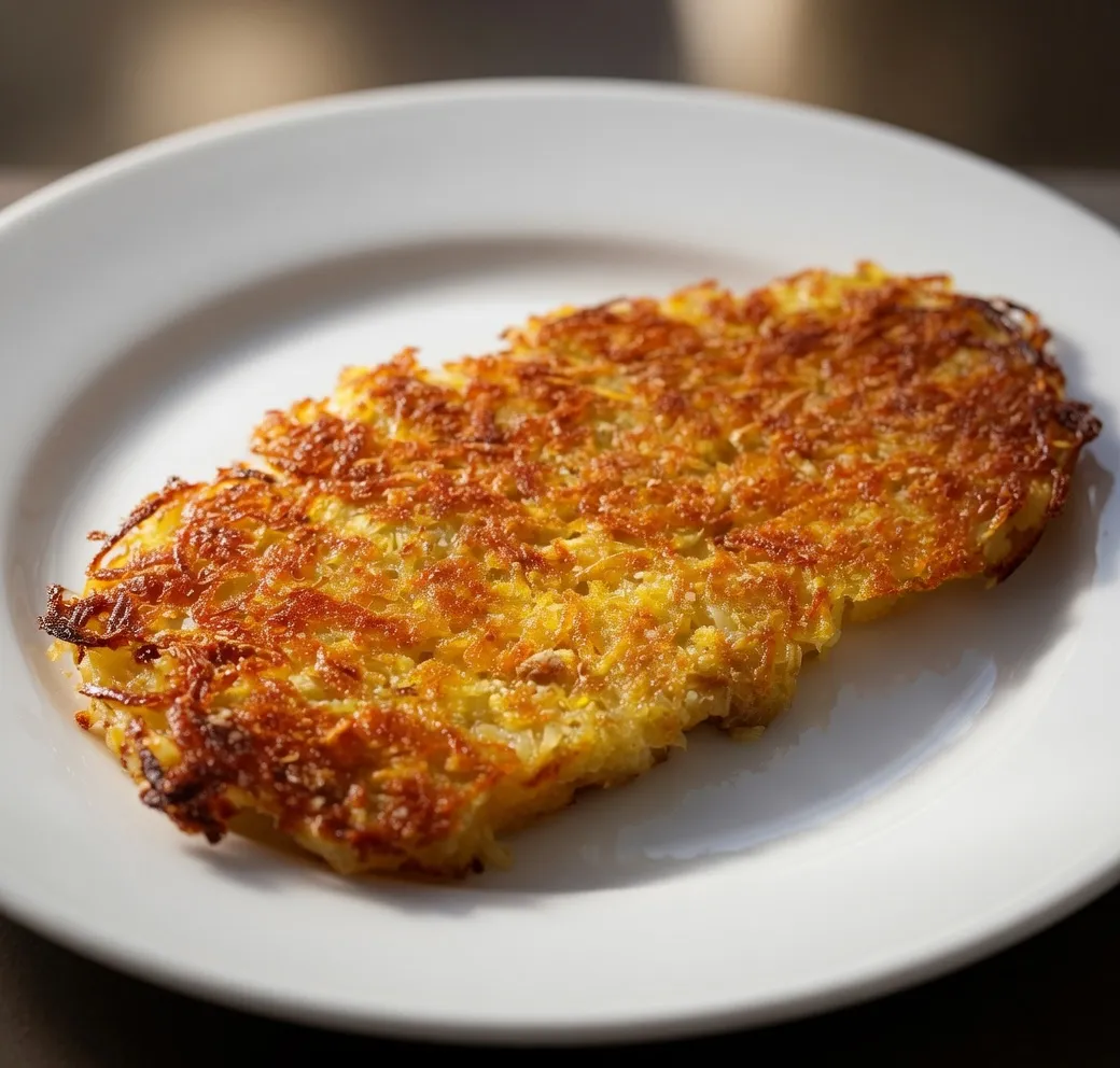 Crispy golden hashbrowns pressed flat on a Blackstone griddle