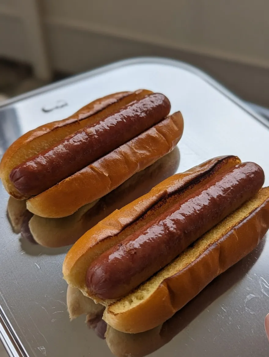 Charred hot dogs searing on a Blackstone griddle with toasted buns