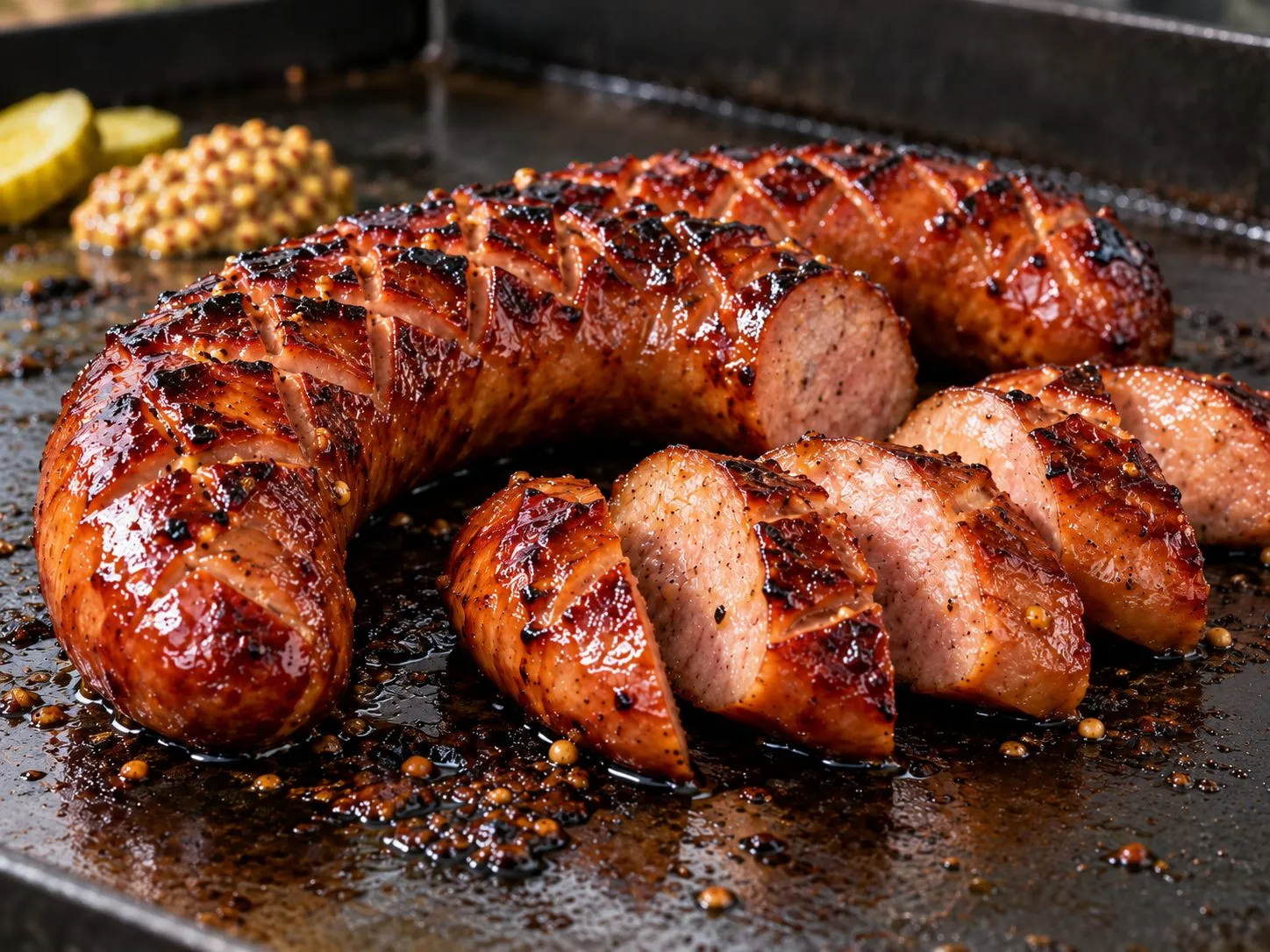 Scored kielbasa with a glazed golden crust on a Blackstone griddle