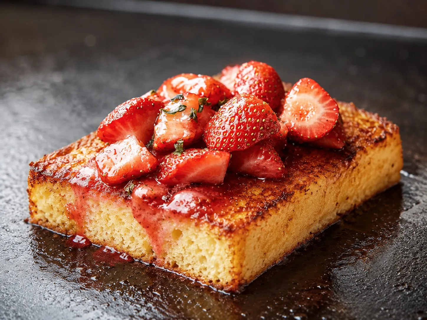 Toasted pound cake slice topped with macerated strawberries on a Blackstone griddle