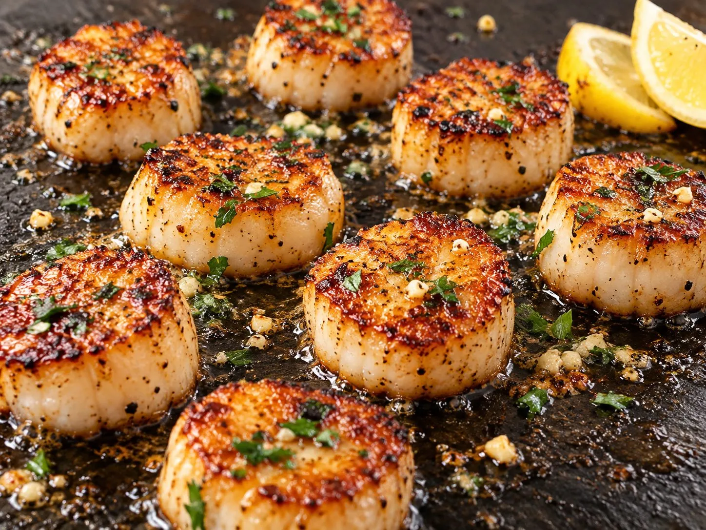 Seared scallops with a golden crust and lemon on a Blackstone griddle