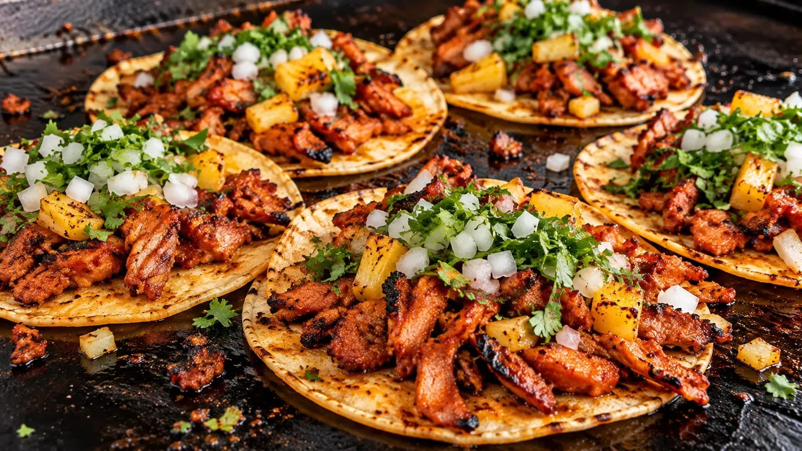 Tacos al pastor with charred marinated pork, grilled pineapple, diced onion, and cilantro on corn tortillas on a Blackstone griddle