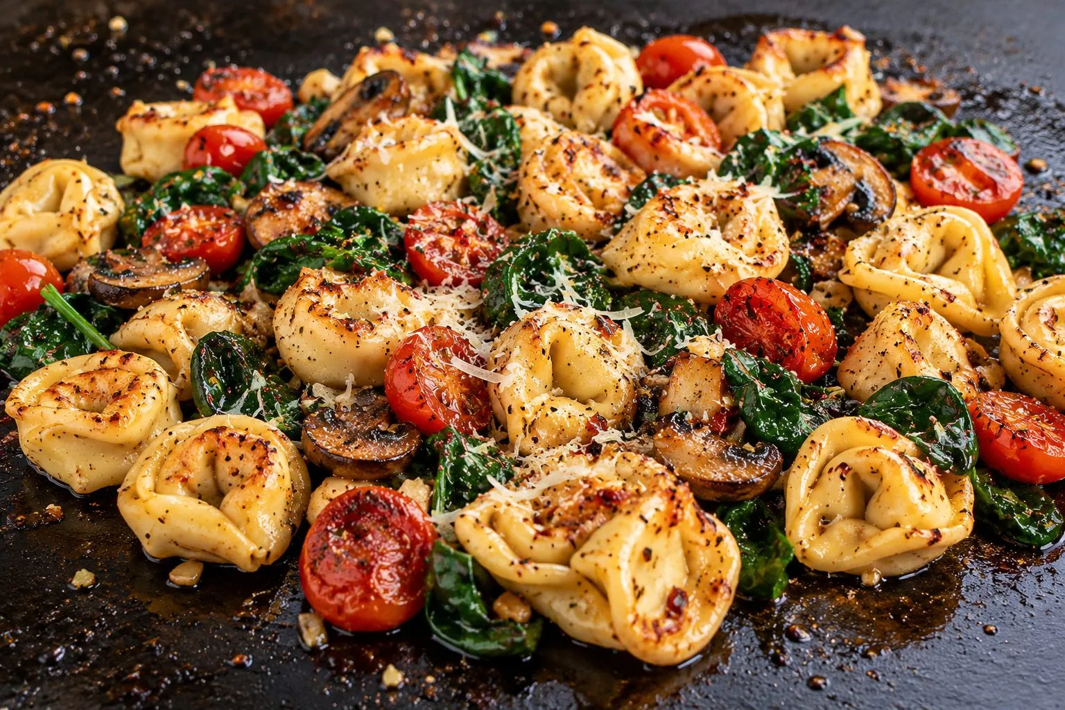 Creamy tortellini with browned Italian sausage on a Blackstone griddle