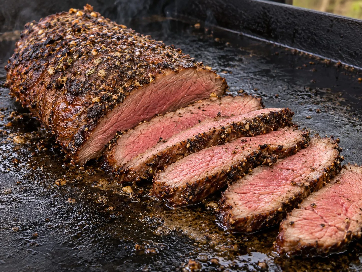 Sliced tri-tip roast with a peppery crust and a rosy medium-rare interior on a Blackstone griddle