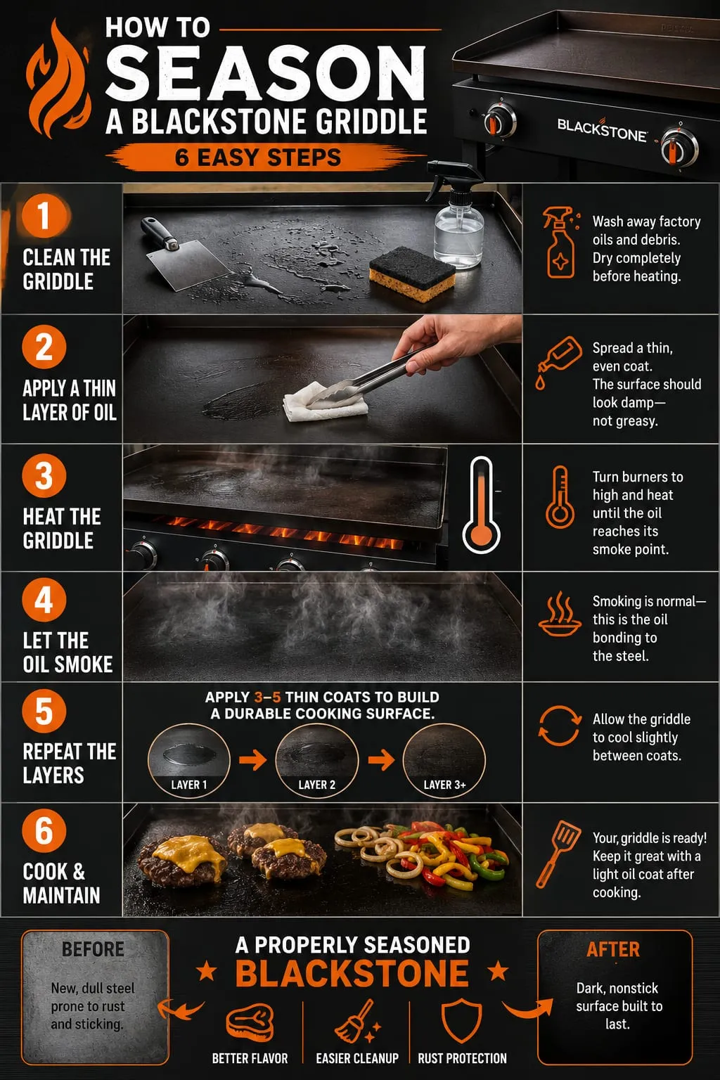 How to Season a Blackstone Griddle — 6 Easy Steps infographic