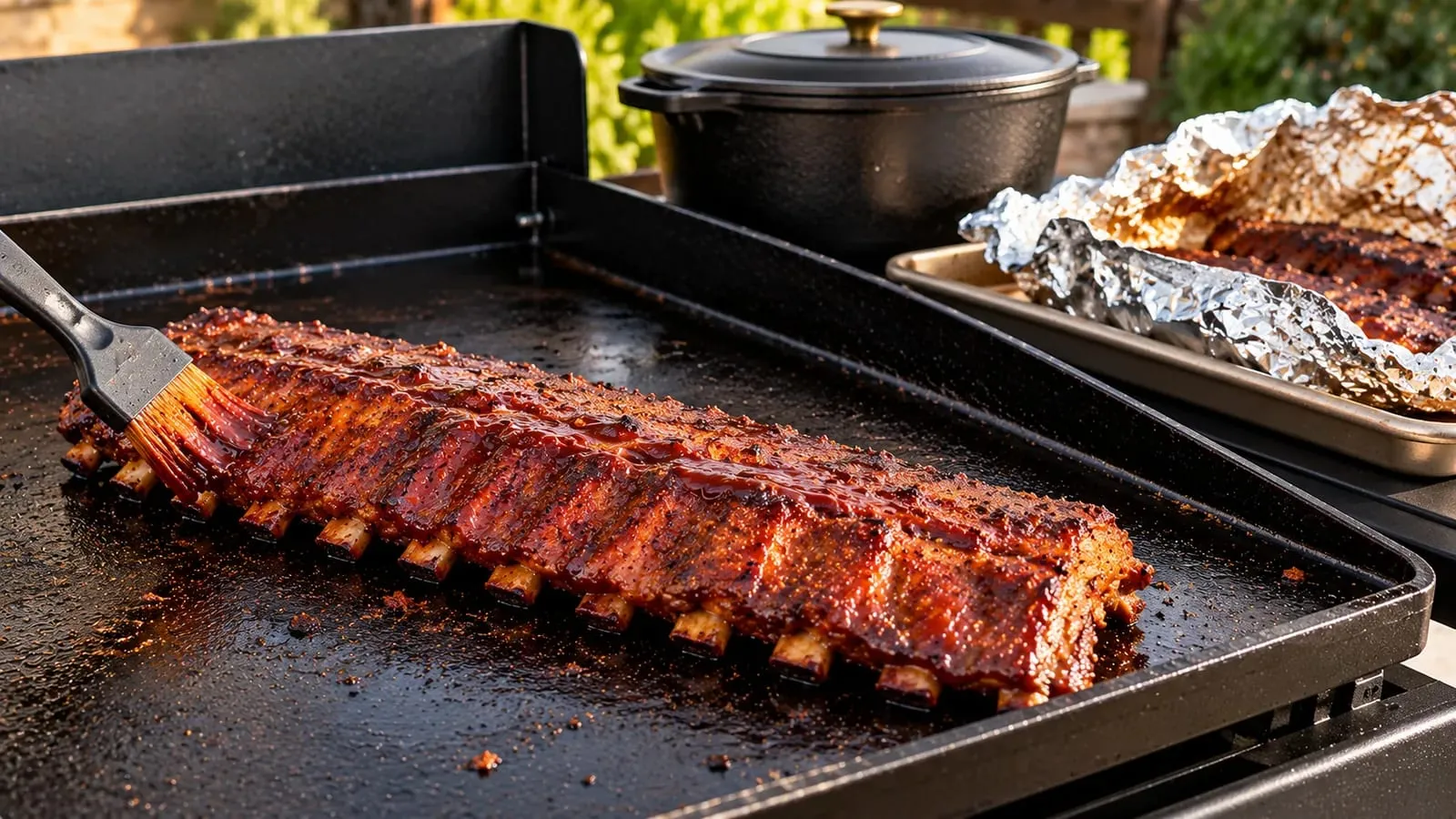Rack of ribs being brushed with barbecue sauce on a Blackstone griddle, with the oven foil packet and a Dutch oven beside it