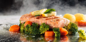 Griddle steamed Salmon and Vegetables