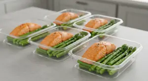 Blackstone griddle meal prepped salmon and asparagus